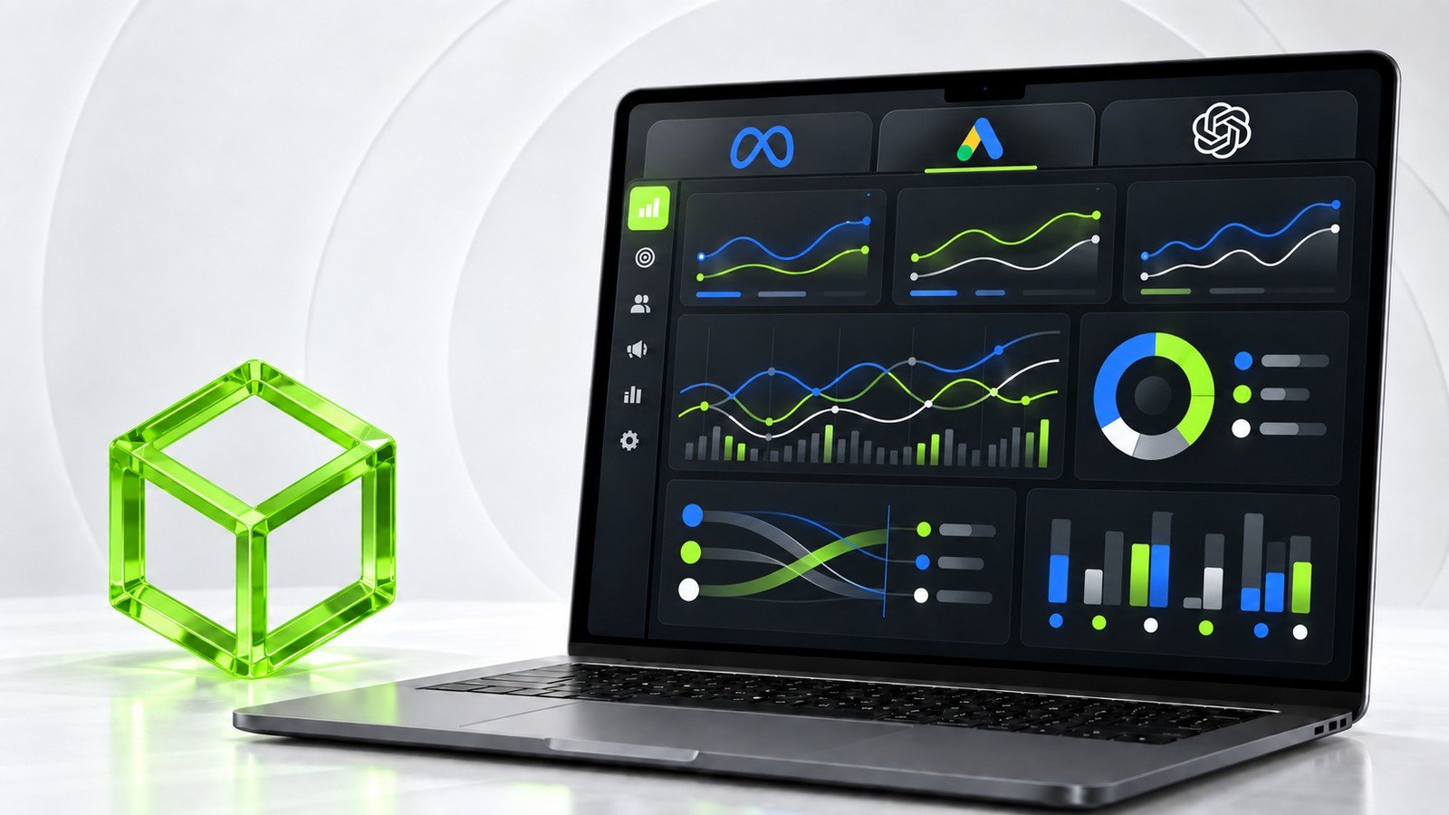 Cubo verde da Ultra Marketing ao lado de notebook com painel integrado de Meta Ads, Google Ads e ChatGPT Ads