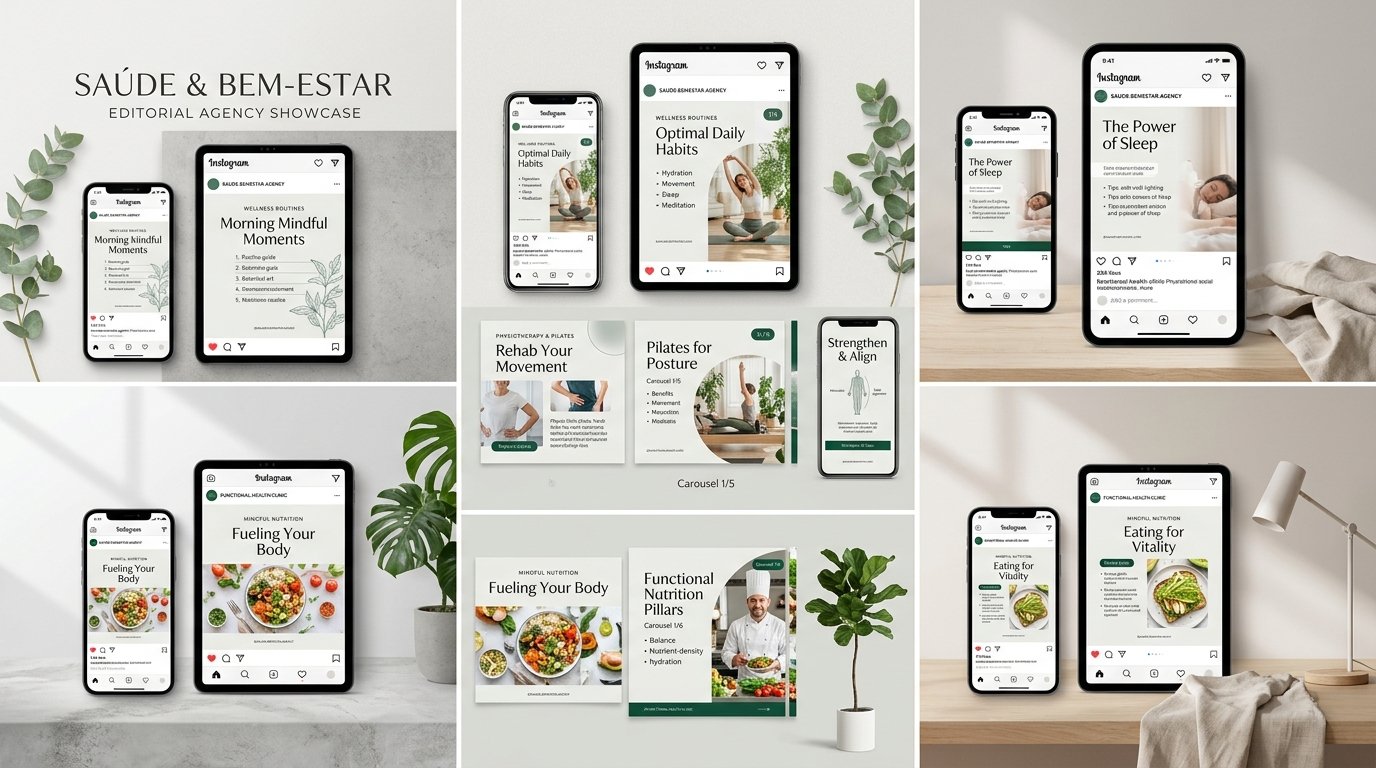Exemplo de posts e feed para Saúde & Bem-Estar