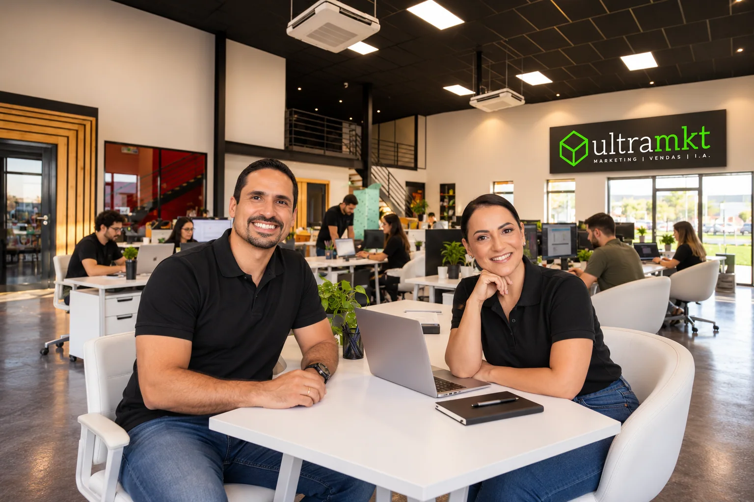 Montagem de Rafael e Lia sentados à mesa e sorrindo para a câmera, com a equipe trabalhando ao fundo e o logotipo da Ultra no escritório da imagem de referência