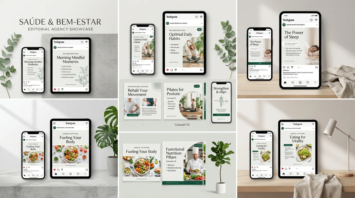 Exemplo de posts e feed para Saúde & Bem-Estar